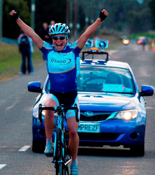 Reta Trotman celebrates her outstanding victory in the elite women's race in Hawkes Bay today.